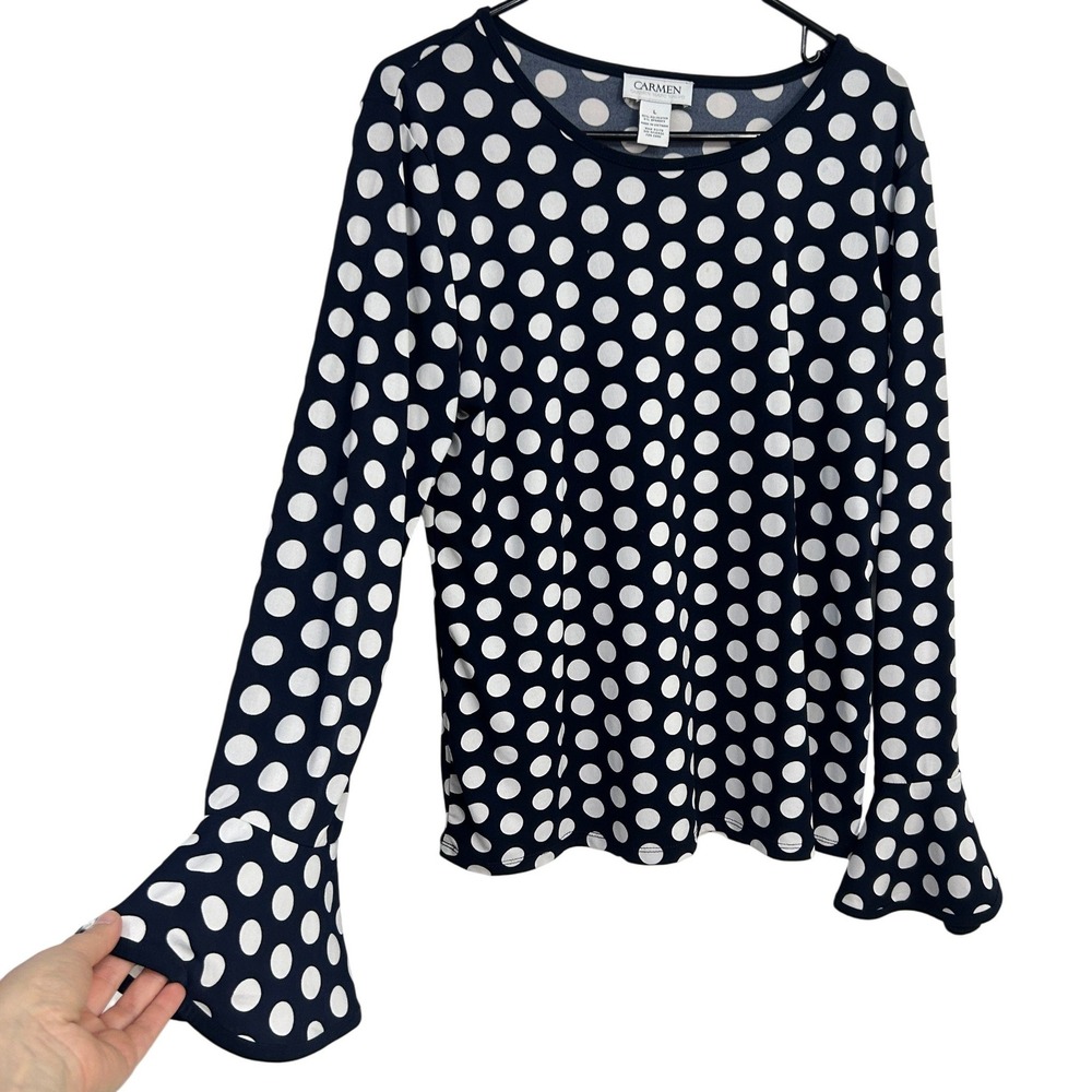 Polka Dot Bell Sleeve Top Large Navy White Retro Preppy Parisian Chic Blouse